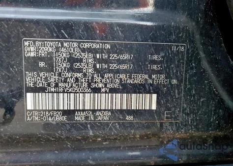 2019 Toyota Rav4 Le z USA, uszkodzony, nr VIN JTMH1RFV5KD500366